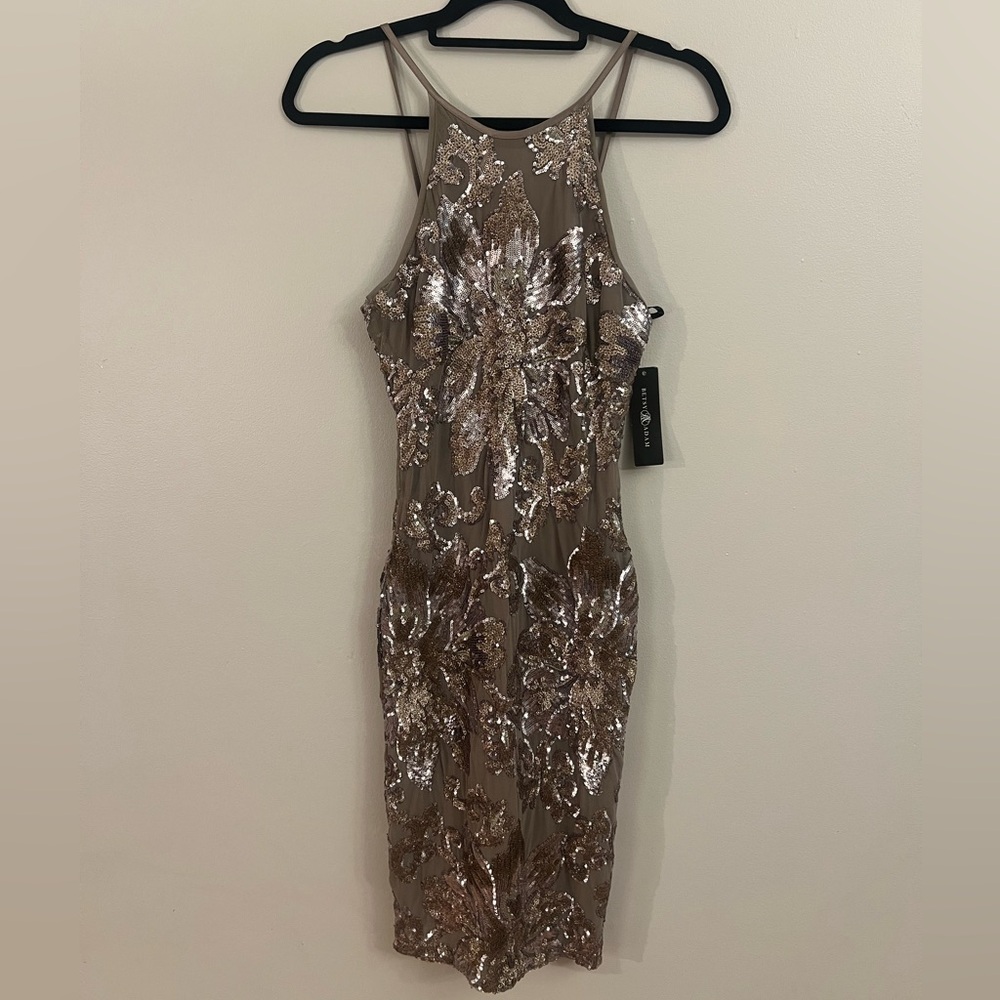 Betsy & Adam Gold and Silver Sequin Halter Bodycon Dress